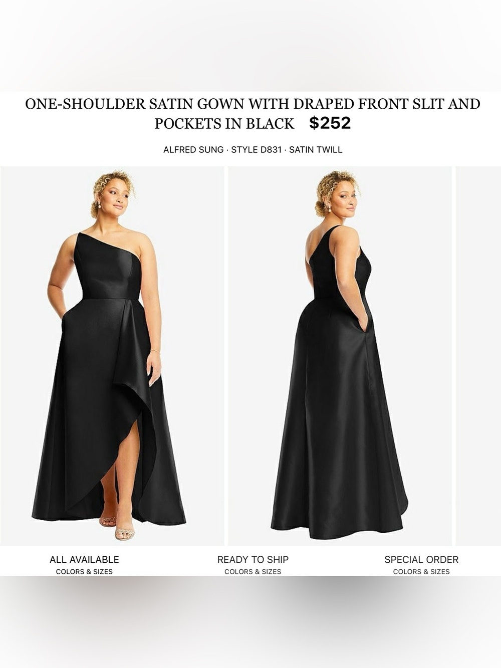 ALFRED SUNG One-Shoulder Black Satin Gown with Draped Front Slit